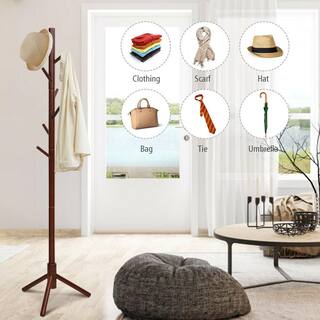 Walnut Wooden Coat Rack Stand Hall Tree Entryway Organizer 2-Heights with 8-Hooks HW65615BN