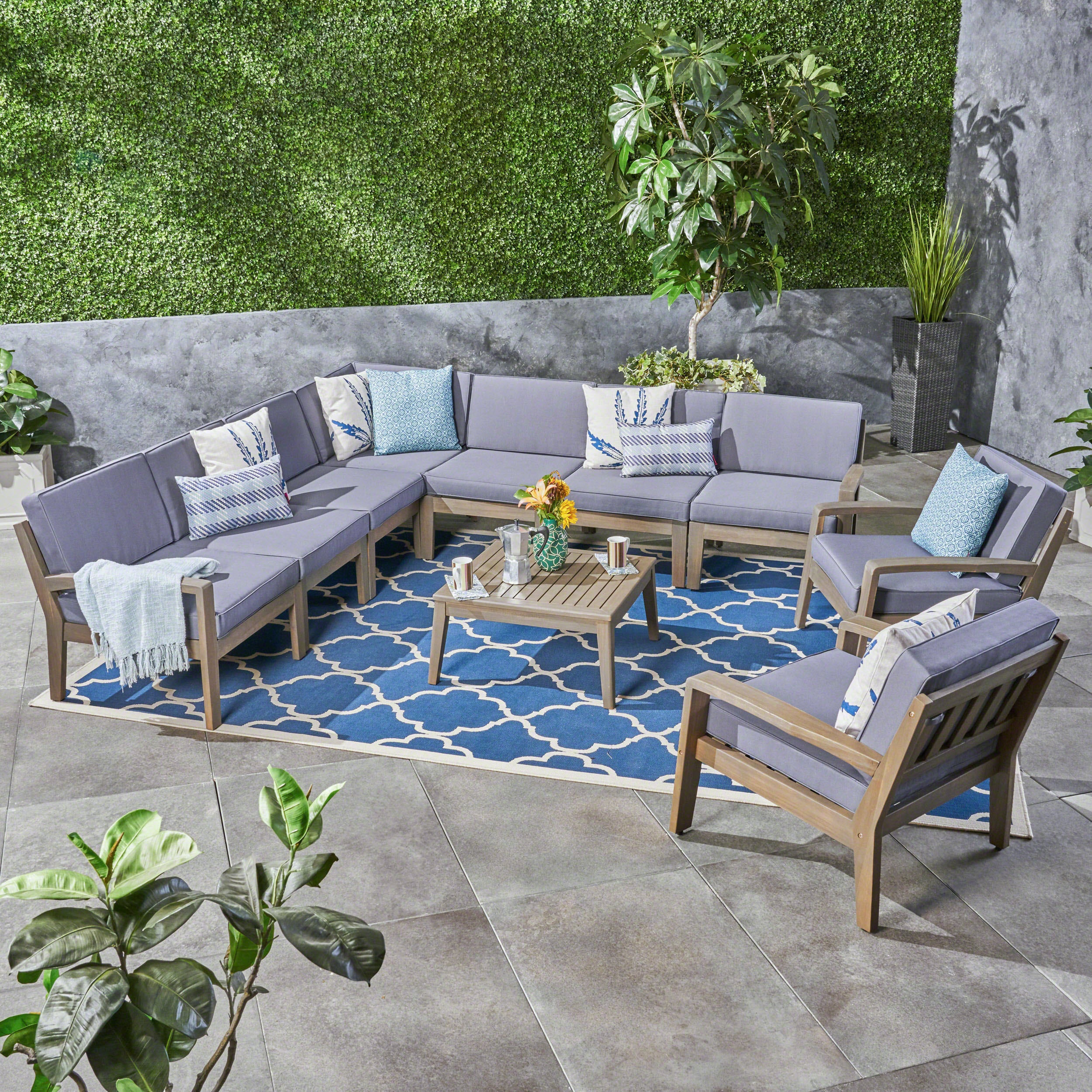 Madeline Outdoor Acacia Wood 9 Seater Sectional Sofa and Club Chair Set with Coffee Table