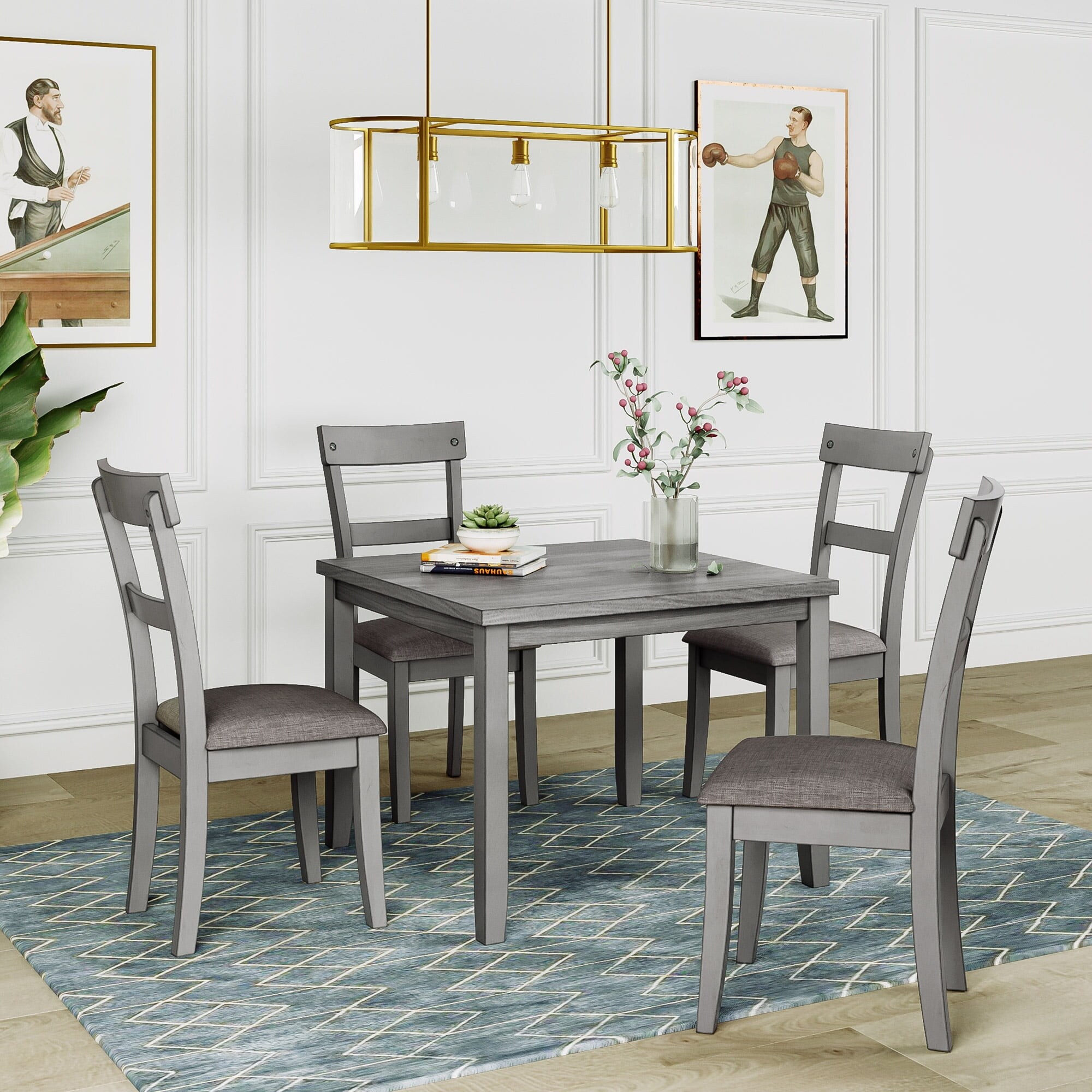 Wood 5 Piece Dining Table Set with cushions， Light Gray