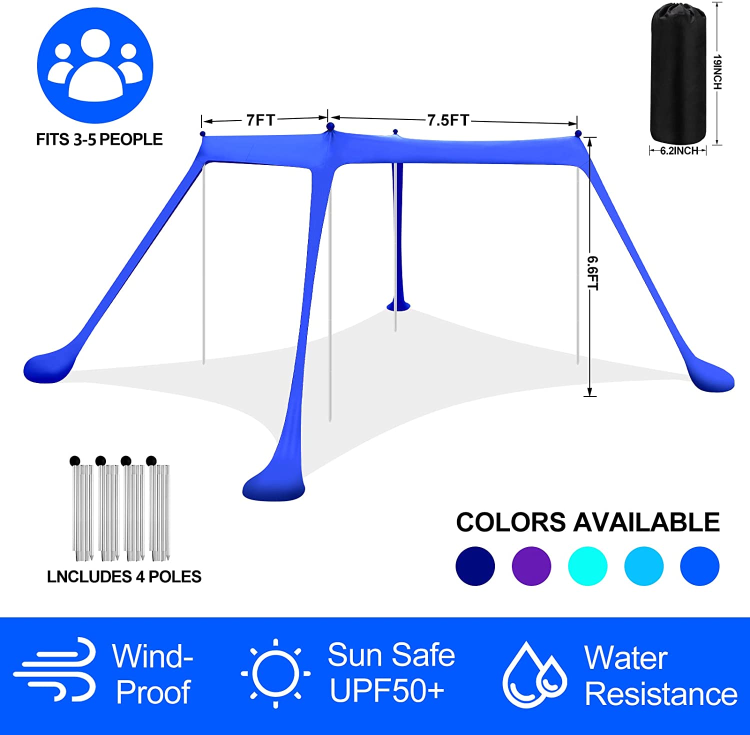 Beach Shade Canopy UPF50+ Portable Windproof Beach Tent Pop Up Sun Shelter with Anti-Wind Ropes and Carrying Bag for Camping， Fishing， Backyard， Picnics(7x7.5FT