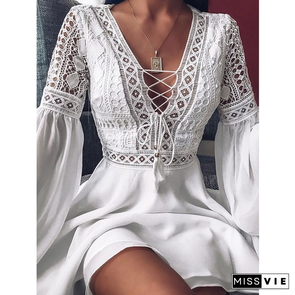 Womens Fashion Mini Dress Lace Stitching Lantern Long Sleeve V Neck Lace Up Evening Party Casual Pleated Short Dress Plus Size