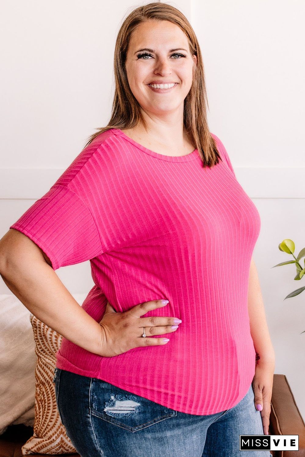 Rose Plus Size Ribbed Knit T-shirt