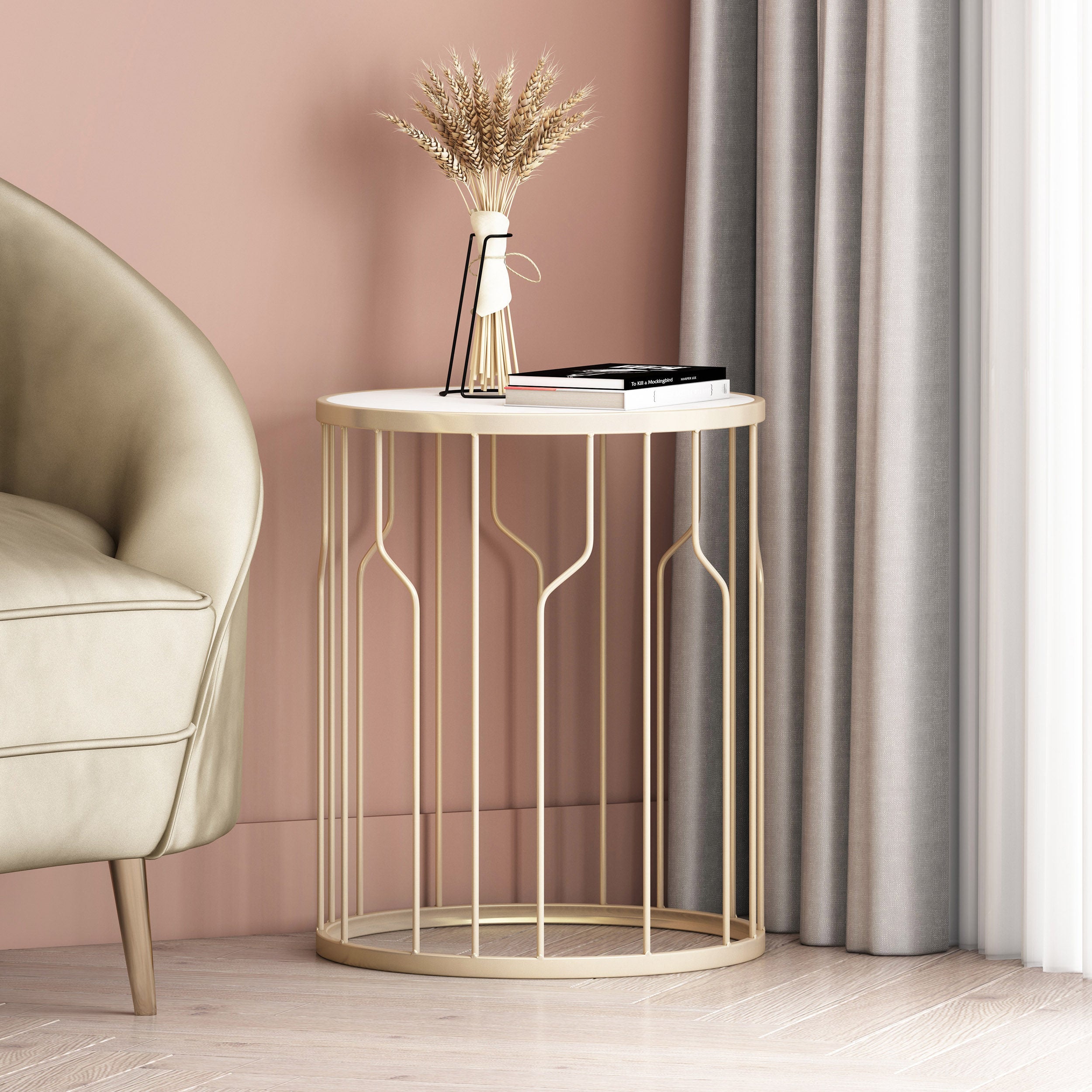 Finethy Modern Glam Faux Marble Side Table, White and Champagne Silver