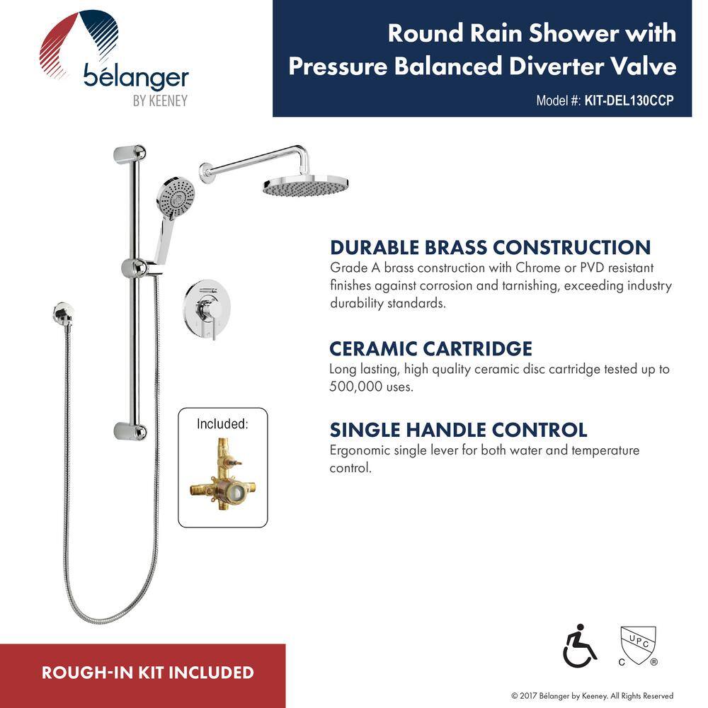 KEENEY Belanger 1-Spray Round Hand Shower and Showerhead from Wall Combo Kit with Slide Bar and Valve in Polished Chrome KIT-DEL130CCP