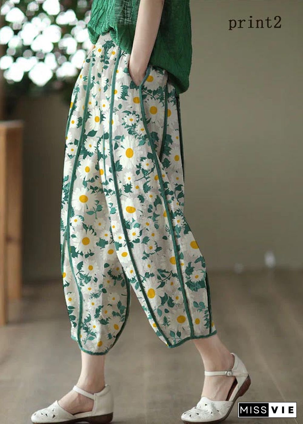 Print2 Patchwork Linen Harem Pants Pockets Striped Summer