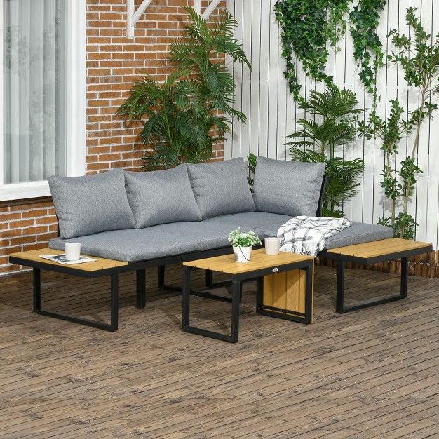 Outsunny 3 Piece Patio Furniture Set Outdoor Sofa Set With Chaise Lounge amp Loveseat Soft Cushions Woodgrain Plastic Table L shaped Sectional Gray