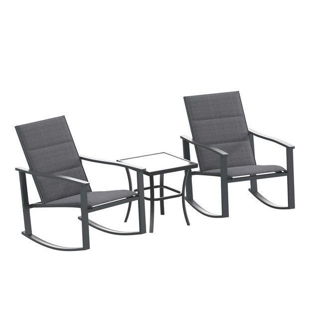 Emma And Oliver 3 Piece Outdoor Rocking Chair Patio Set With Flex Comfort Material And Metal Framed Glass Top Table