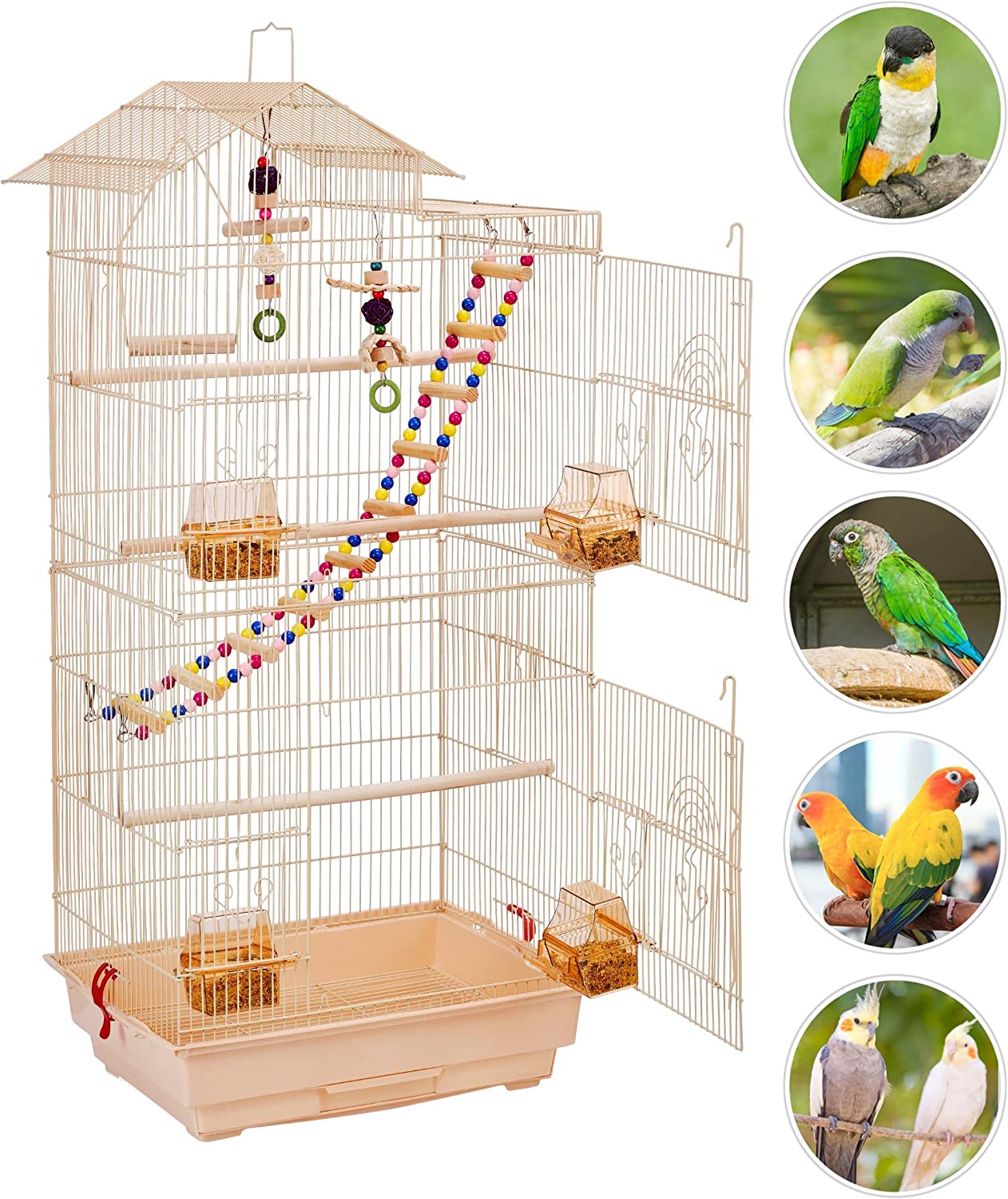 39'' Large Roof Top Bird Cage Metal Parrot Cage Lovebird Huge House Birdcage w/Toys and Swing and Ladder for Small Birds Canary Budgie Cockatiel