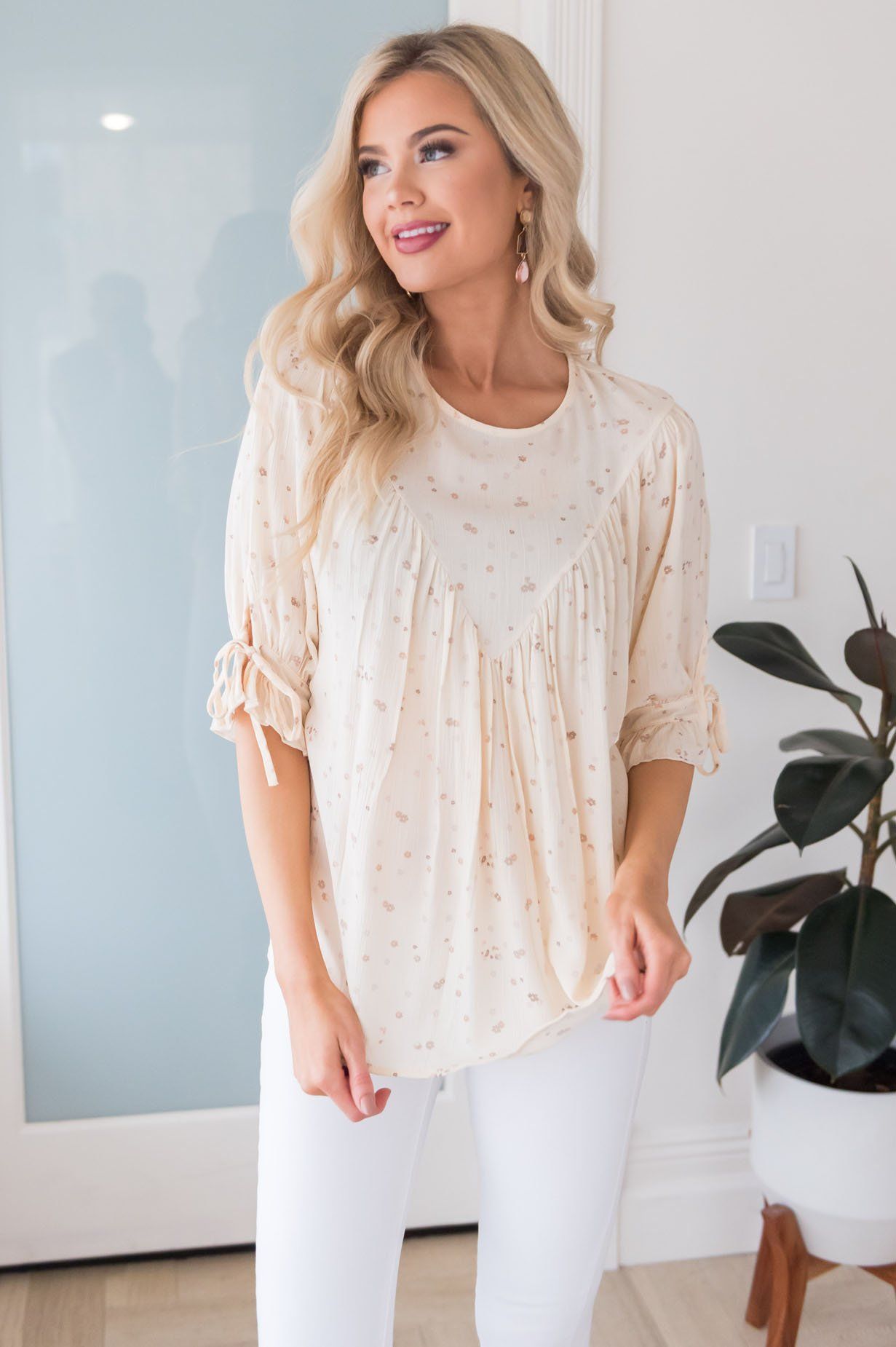 Summer Flowers Modest Tie Sleeve Top