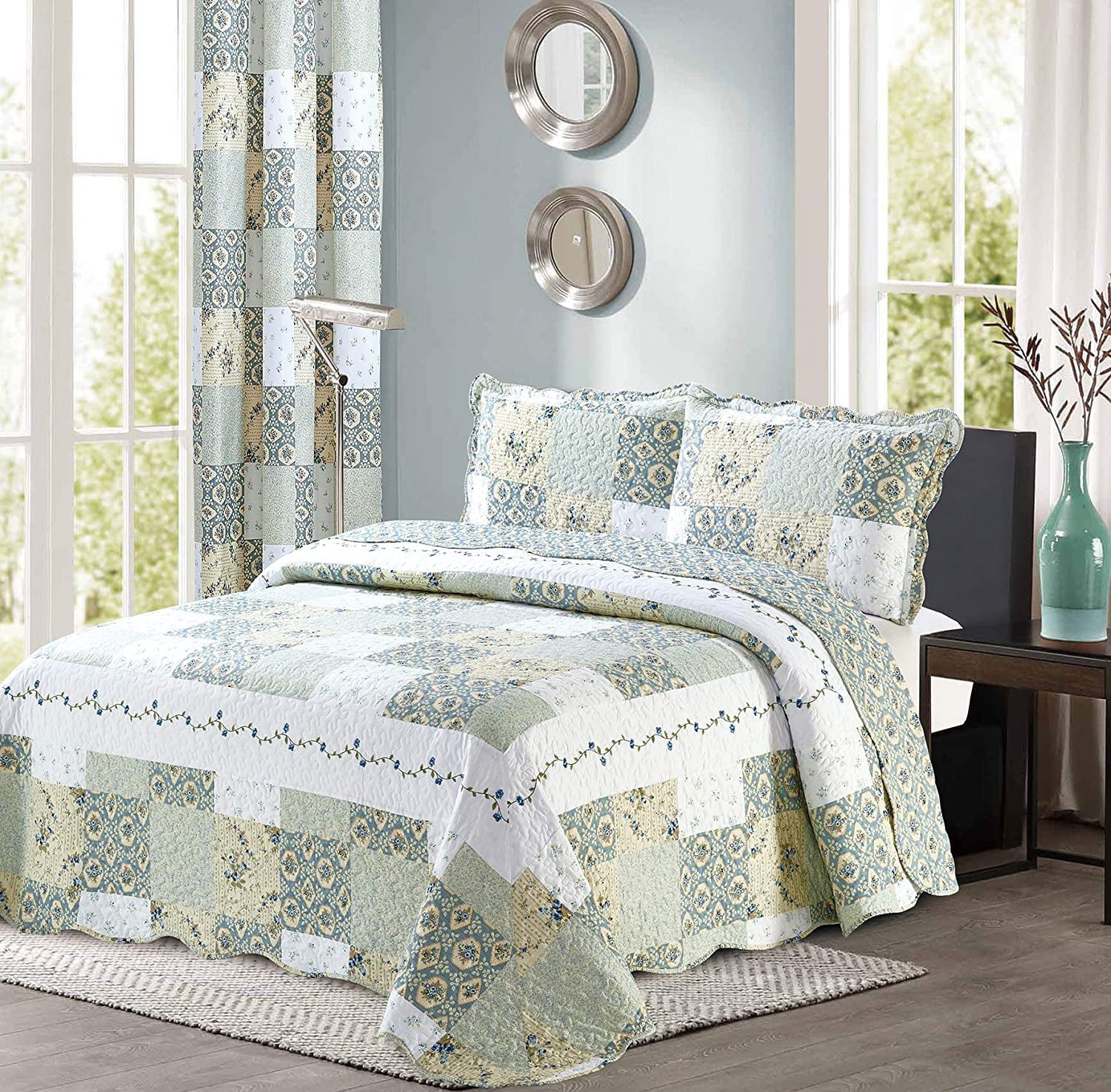 All American Collection New Reversible 3pc Floral Printed Patchwork Blue/Green Bedspread/Quilt Set