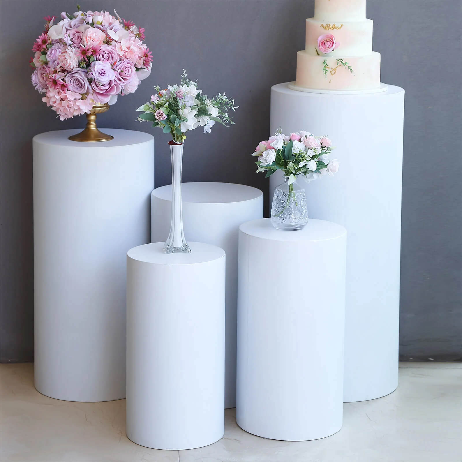 Set of 5 White Metal Cylinder Pillar Prop Stands For Wedding Aisle, Round Plinth Pedestal Display Boxes - 20