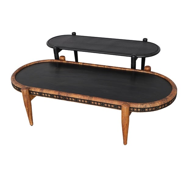 50， 39 Inch 2 Piece Oval Acacia Wood and Metal Nesting Coffee Table Set， Brown and Black