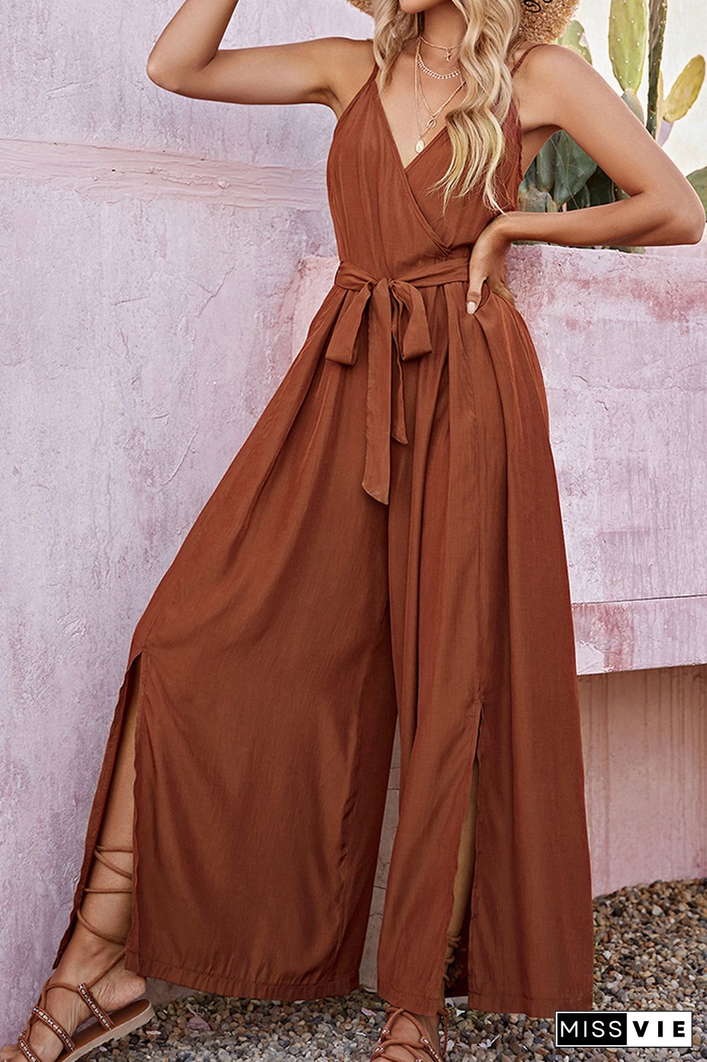 V-Neck Backless Belt Waist Slit Jumpsuit Wholesale