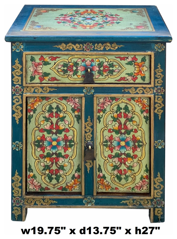 Teal Blue Light Green Tibetan Style Floral End Table Nightstand Hcs7077   Asian   Side Tables And End Tables   by Golden Lotus Antiques  Houzz