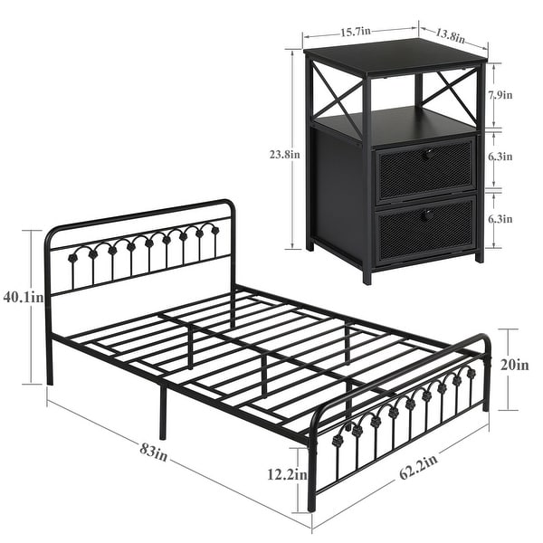 Taomika 3-Pieces Modern Bedroom Set with Black Platform Bed Frame and 3-tier Shelf Doors Nightstands - - 36069034