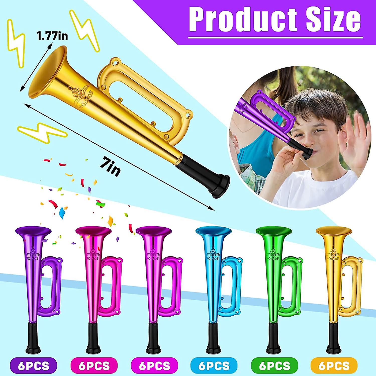 36 Pcs Metallic Trumpet Toys Mini Plastic Trumpet Shiny Blow Horn Trumpet Noise Makers Toy Plastic Trumpet Colors Musical Instruments For New Year Bir