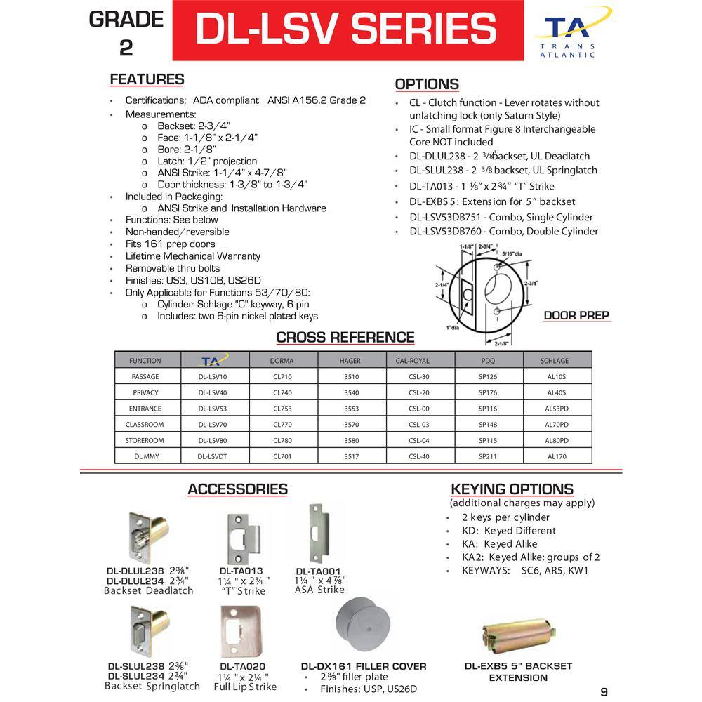 Taco LSV Saturn Standard Duty Brushed Chrome Grade 2 Commercial Double Cylinder Door Handle with Lock DL-LSV60-US26D