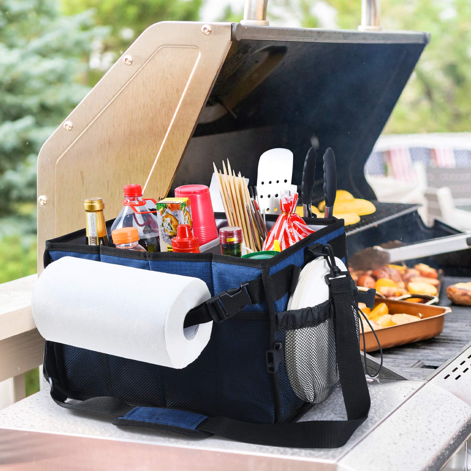 FANGSUN  Large Grill and Picnic Caddy with Paper Towel Holder， BBQ Organizer for Utensil， Plate， Condiment， Collapsible and Easy Carry Griddle Caddy， Must Haves for Outdoor， Camper， Travel， Car， RV