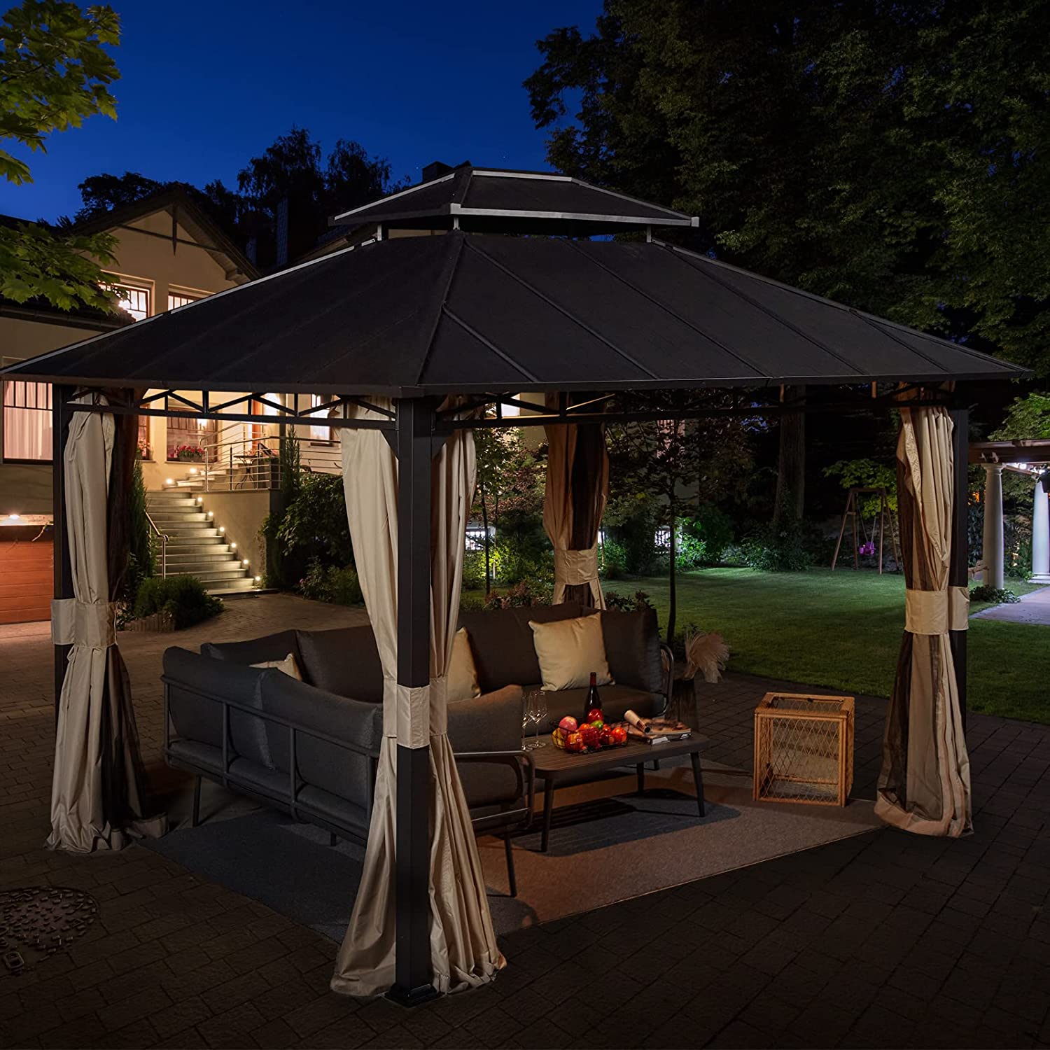 Yoleny 10' X 12' Double Roof Hardtop Gazebo, Outdoor Metal Gazebo with Netting and Curtains for Patios, Garden, Deck