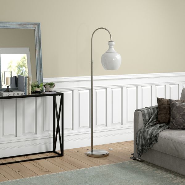 Verona Arc Floor Lamp with Glass Shade in Brushed Nickel/White Milk