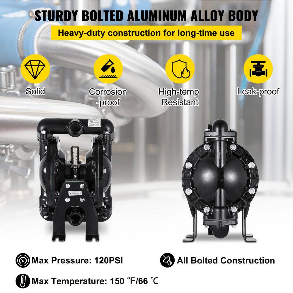 VEVOR Air-Operated Double Diaphragm Pump 1 in. Inlet Outlet Nitrile Diaphragm Aluminum 35 GPM Max 120PSI 275.6 ft. Head Lift YBGMBQBY4-25L0001V0