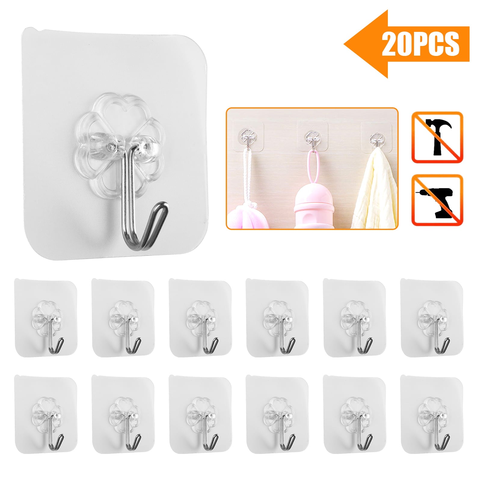 TSV 20pcs Self Adhesive Wall Hooks 15KG (Max) Heavy Duty Transparent Stick On Hangers Waterproof Oilproof for Kitchen Bathroom