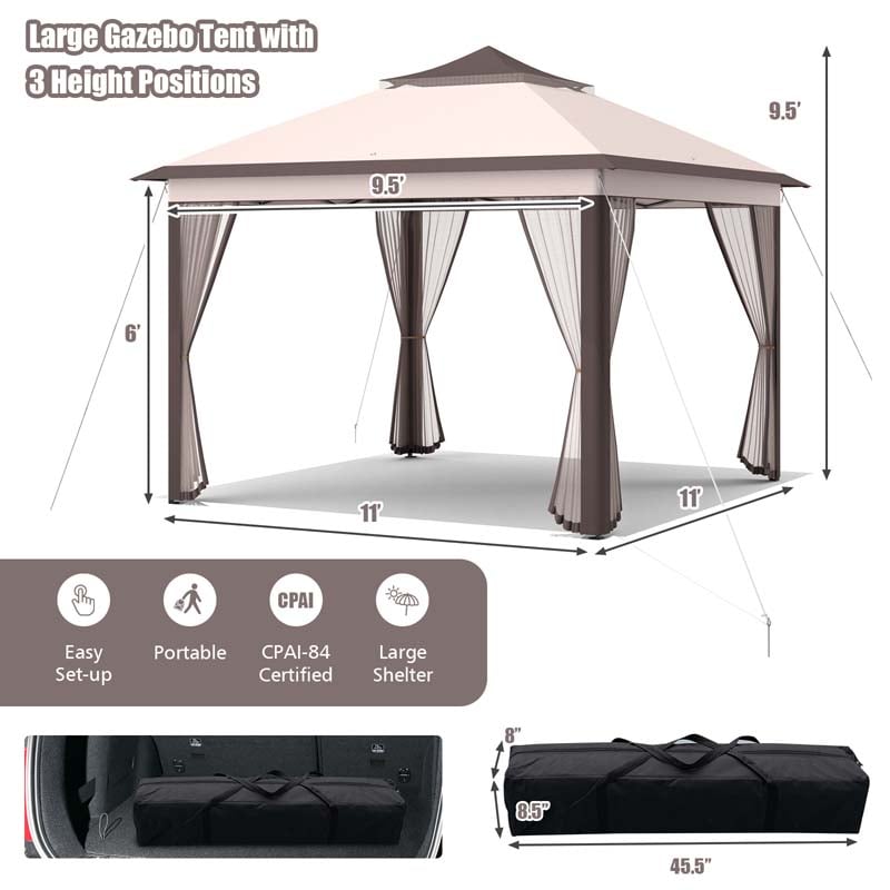 11 x 11 FT Pop Up Gazebo Tent Portable Canopy Shelter with Carry Bag & Mesh Netting