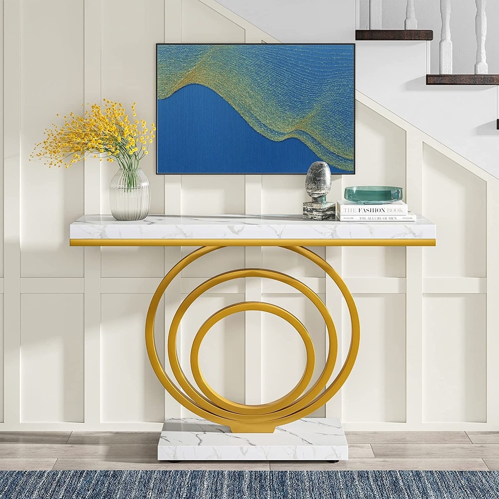 41 Inch Faux Marble White Console Table with Gold Ring Base