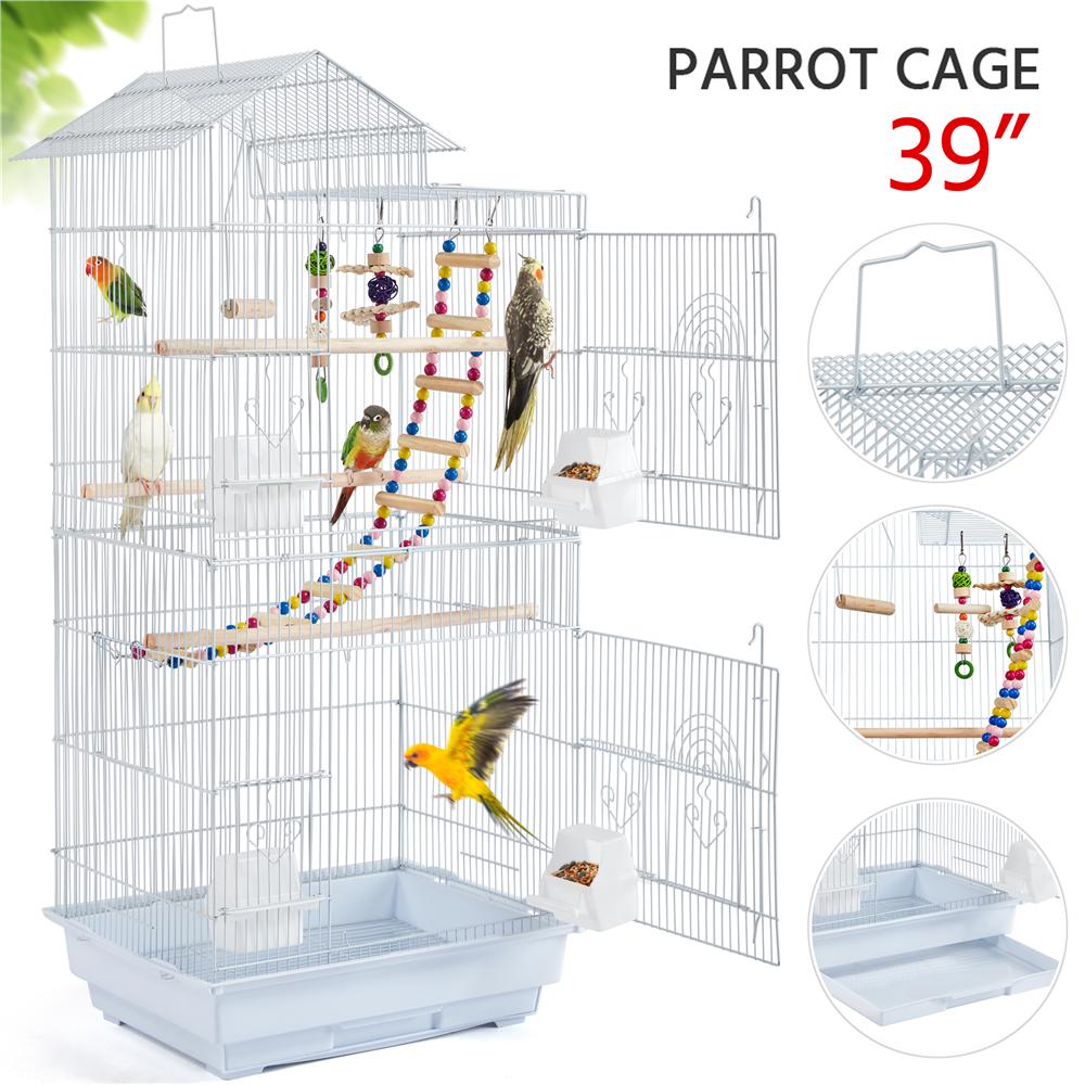 SmileMart 39  Metal Bird Cage with Perches and Toys White  Crowdfused