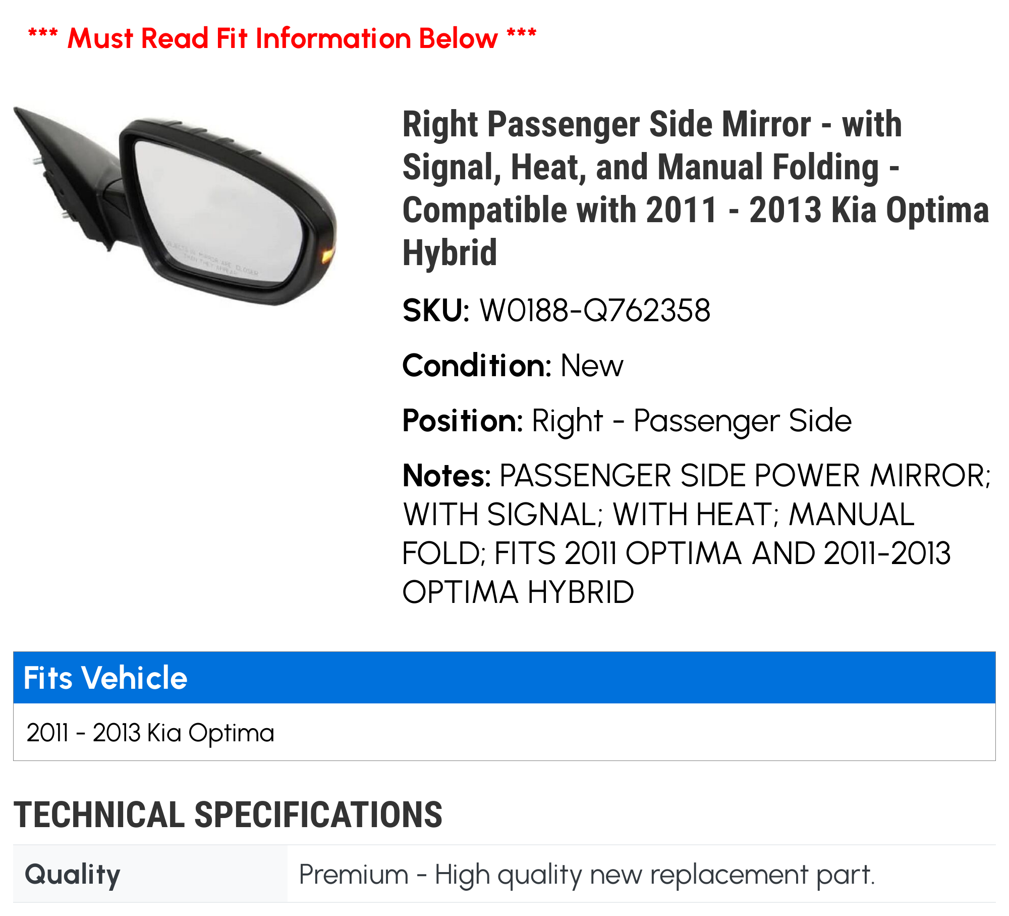 Right Passenger Side Mirror - with Signal， Heat， and Manual Folding - Compatible with 2011 - 2013 Kia Optima Hybrid 2012