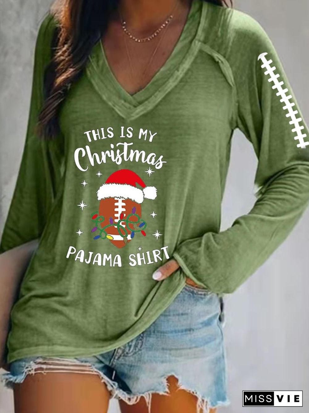 Women's Football Christmas This Is My Christmas Pajama Print V-Neck T-Shirt