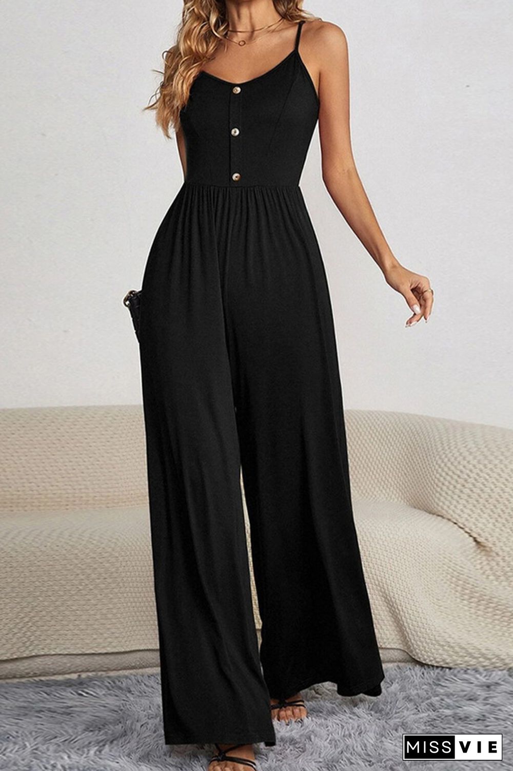 Plain Wide Leg Button Jumpsuit Wholesale