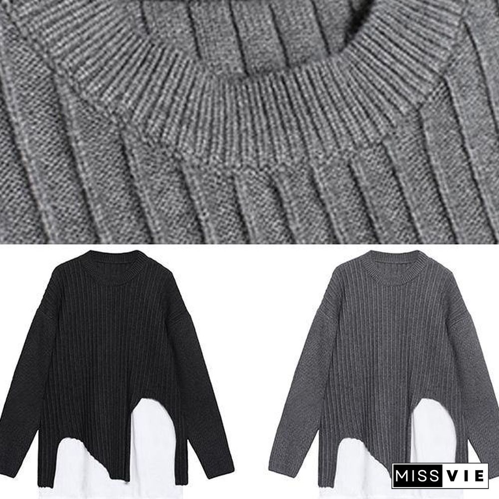 Cute black knit tops o neck false two pieces oversize knitted blouse