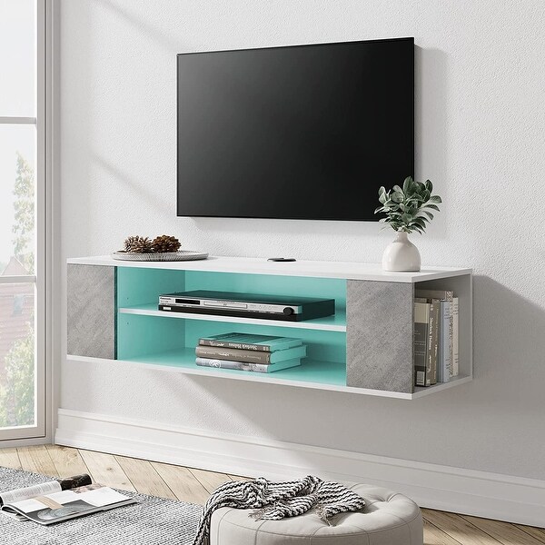 White Floating TV Stand with Colorful LED Lights， Floating Entertainment Center Wall Mounted， Floating TV Media Console