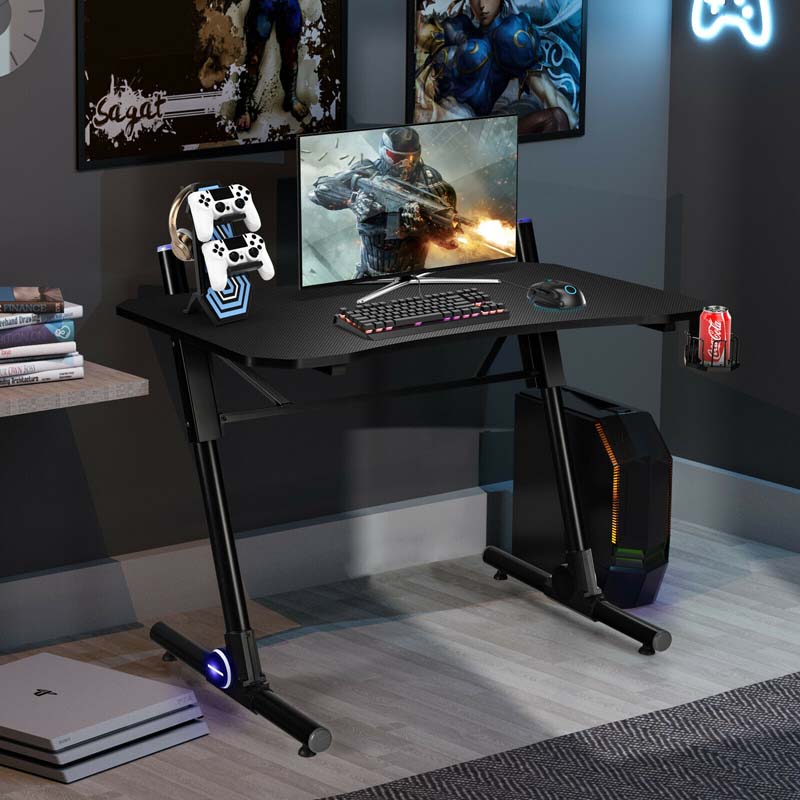 Z-Shaped LED Gaming Desk, 43.5 Inch Height Adjustable Computer Desk, Carbon Fiber Desk with Gaming Handle Rack & Cup Holder