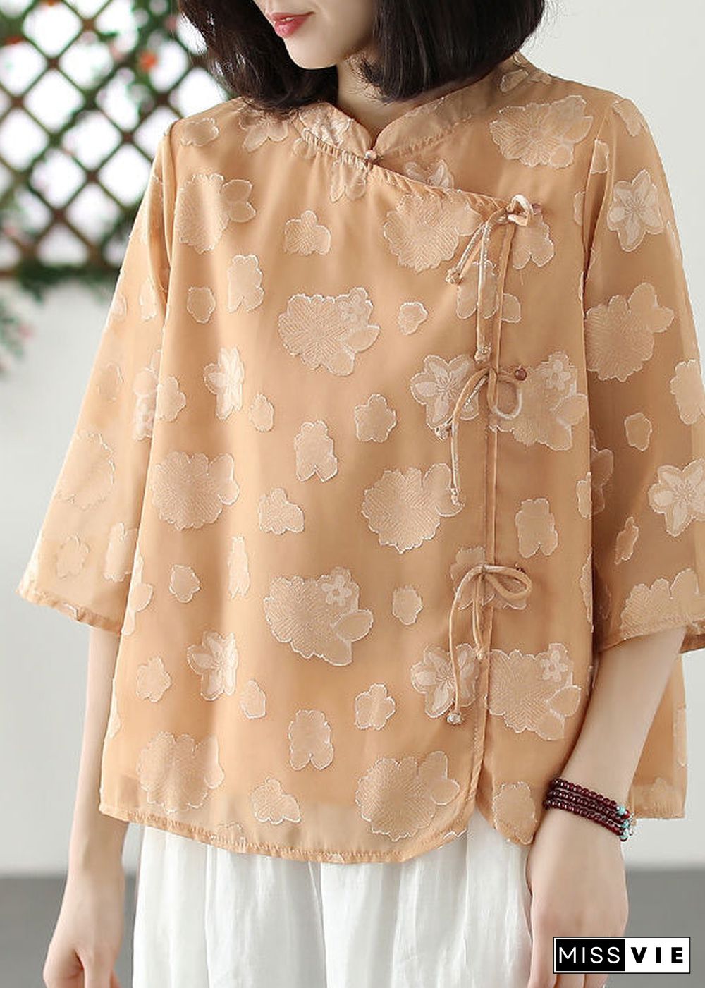 Boutique Khaki Stand Collar Jacquard Tulle Shirt Summer