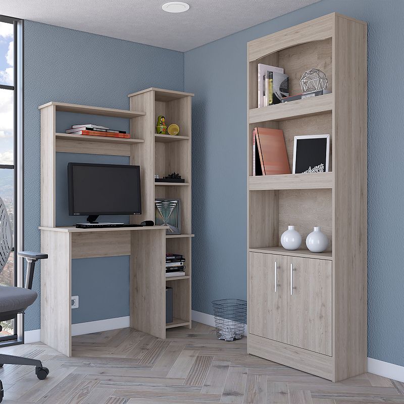 Detroit 2 Piece Office Set， Dozza Bookcase + Aramis Desk， Light Gray