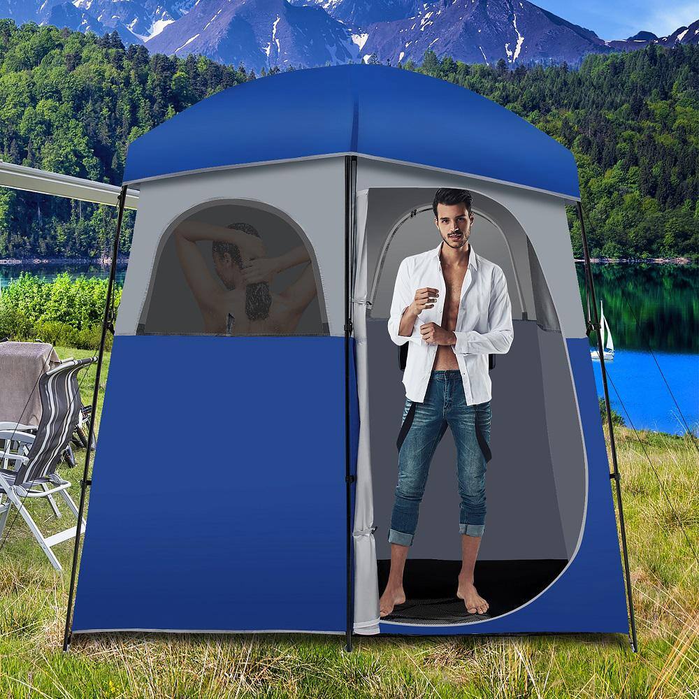 Costway Double-Room Blue Camping Shower Toilet Tent with Floor Oversize Portable Storage Bag GP11664BL