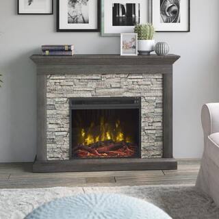 Twin Star Home Rustic 47.38 in. Freestanding Wooden Electric Fireplace with Stacked Stone Look in Weathered Gray 143047