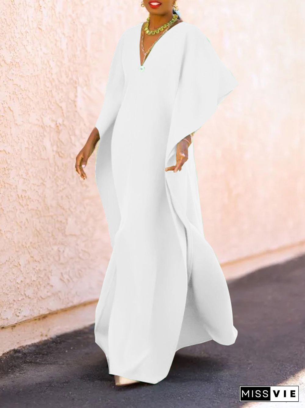 Batwing Sleeves Loose Solid Color Split-Side V-Neck Maxi Dresses