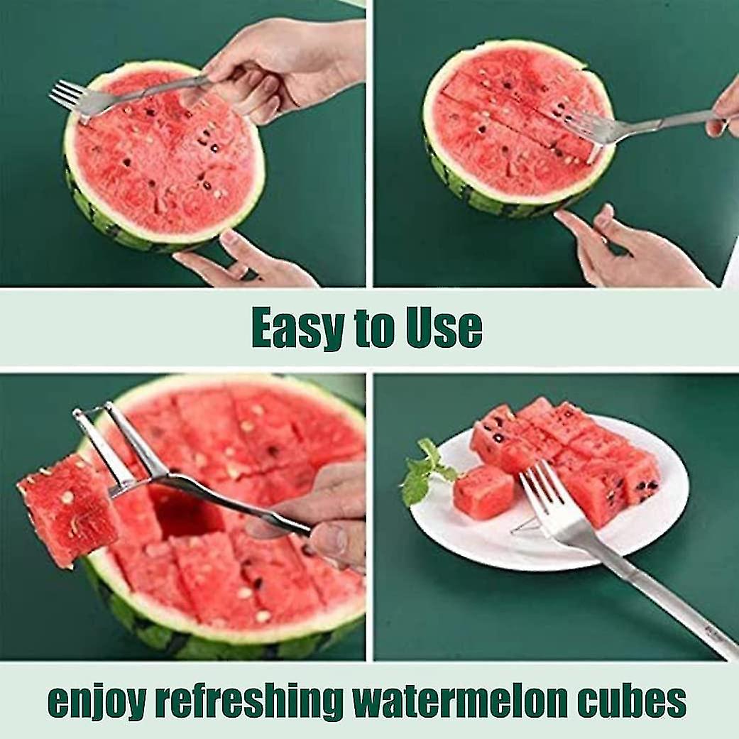 2 In 1 Watermelon Slicer And Cutter， Stainless Steel Fruit Cutting Fork Melon Block Cutting Tool For Kitchen Gadgets (silver) (1pcs)