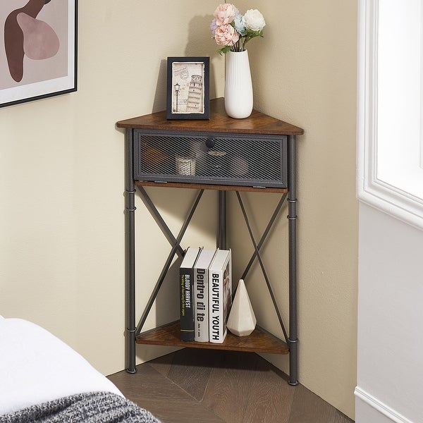 Set of 2 Industrial Triangle Side Table Corner Table with Storage Shelf， Rustic Brown