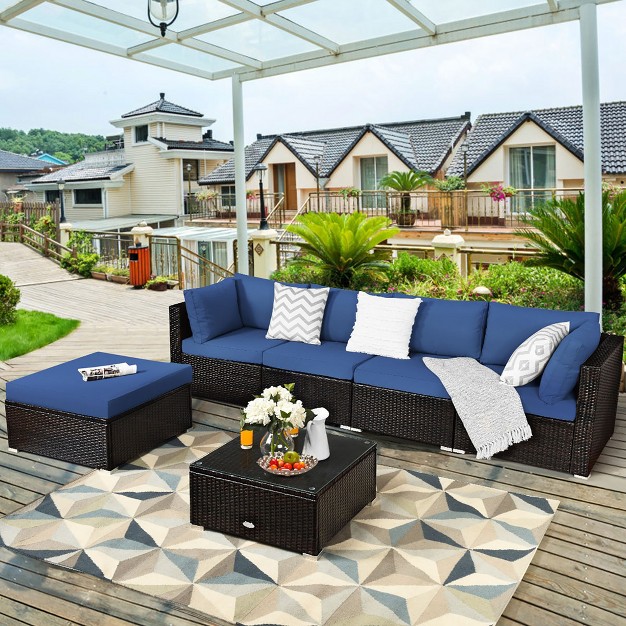 Costway 6pcs Outdoor Patio Rattan Furniture Set Cushioned Sectional Sofa Navy black turquoise