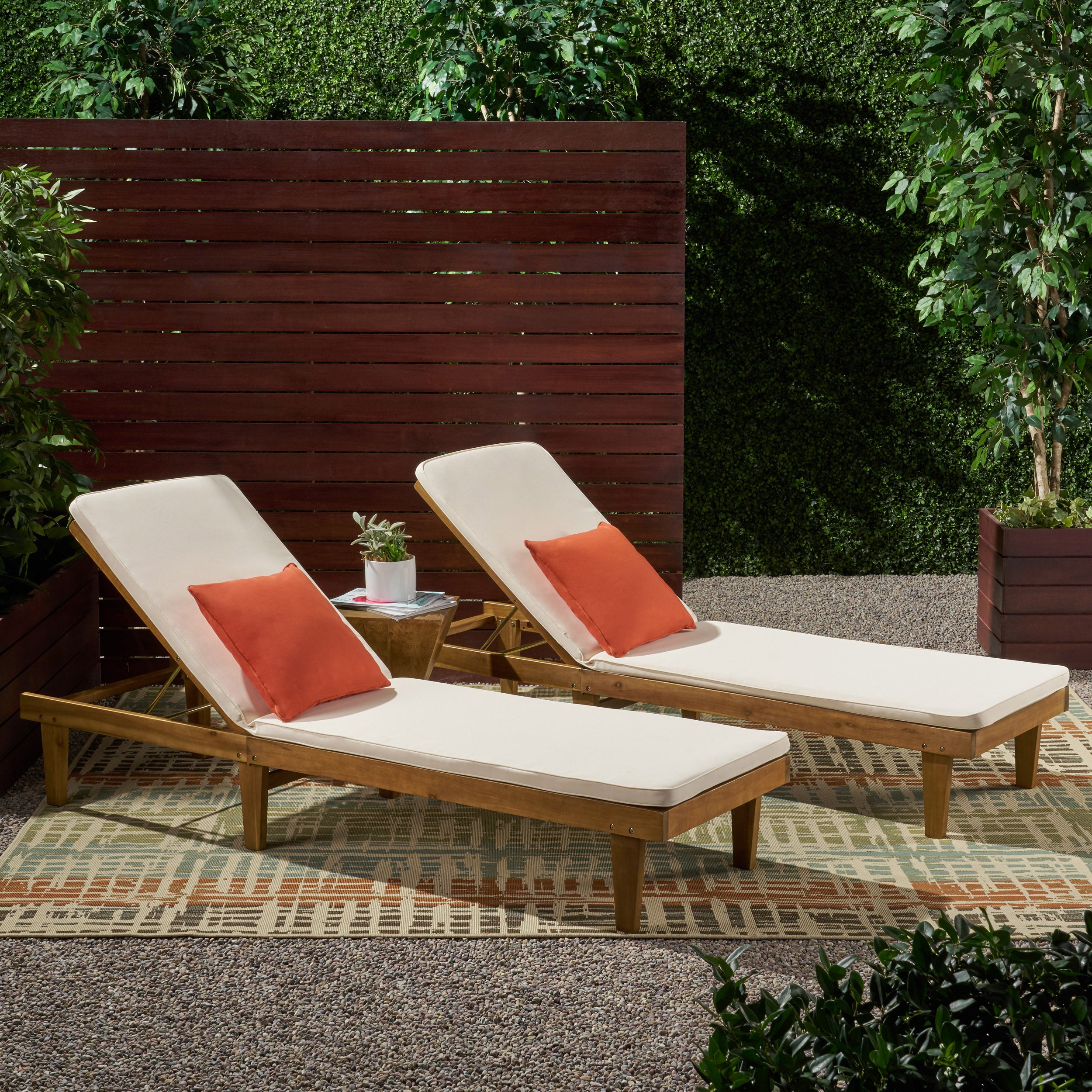 Nadine Outdoor Modern Acacia Wood Chaise Lounge with Cushion (Set of 2)