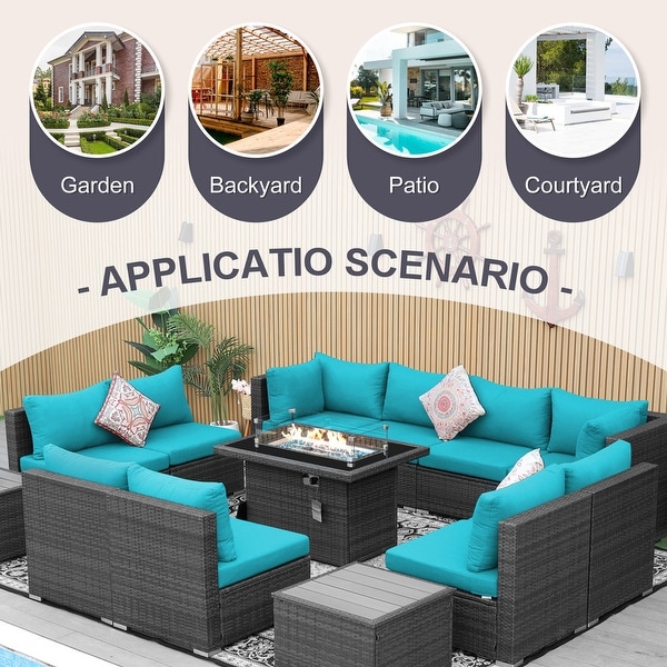 Nicesoul Outdoor Grey Wicker Sectional Furniture Patio Sofa Set with Firepit Table