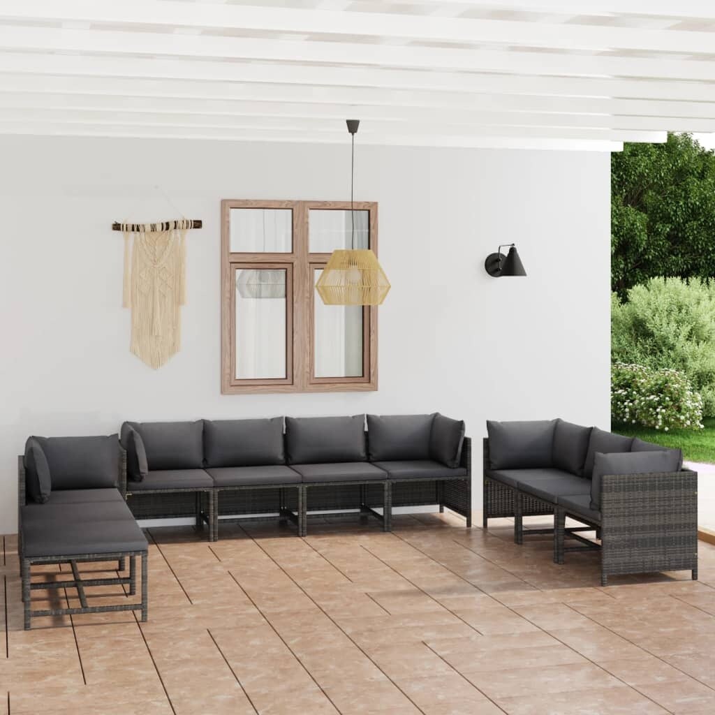 10 Piece Patio Lounge Set with Cushions Poly Rattan Gray