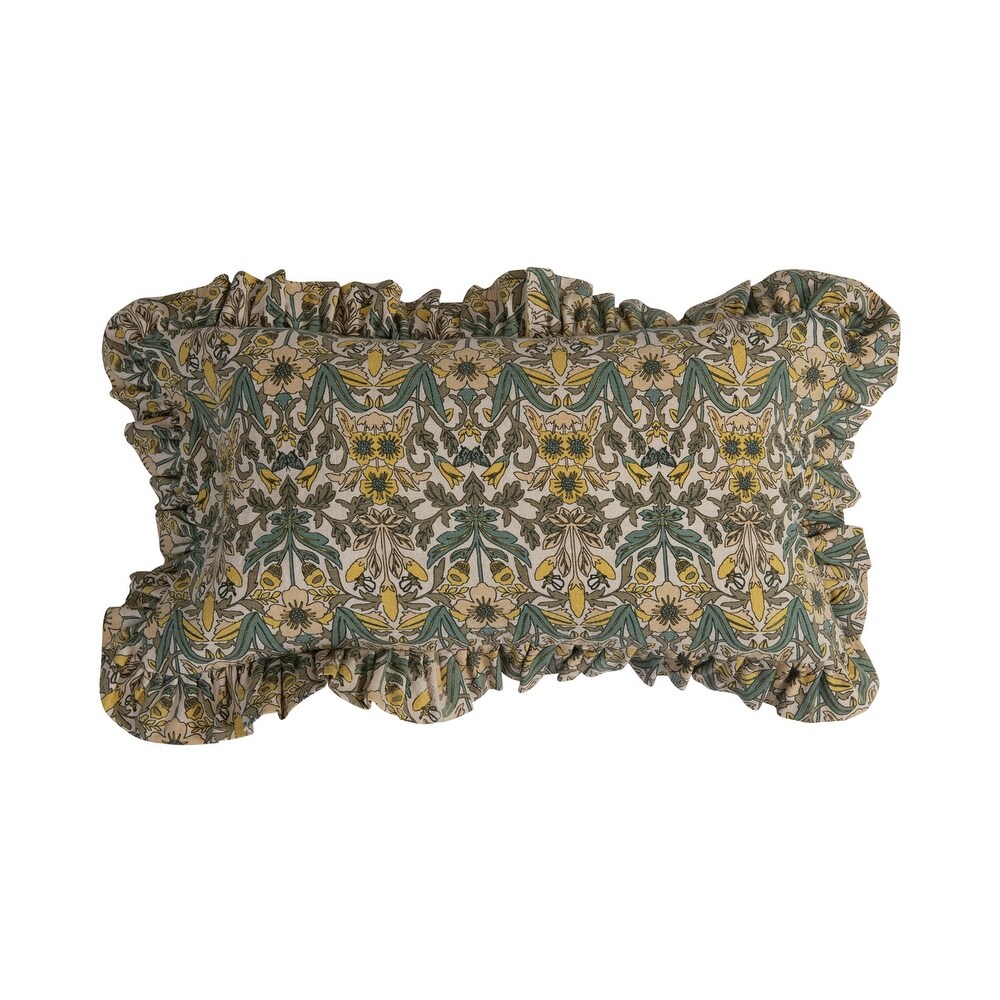 Cotton Lumbar Pillow with Floral Pattern and Ruffle