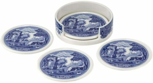 Spode Blue Italian 4 Piece Ceramic Coasters with Holder