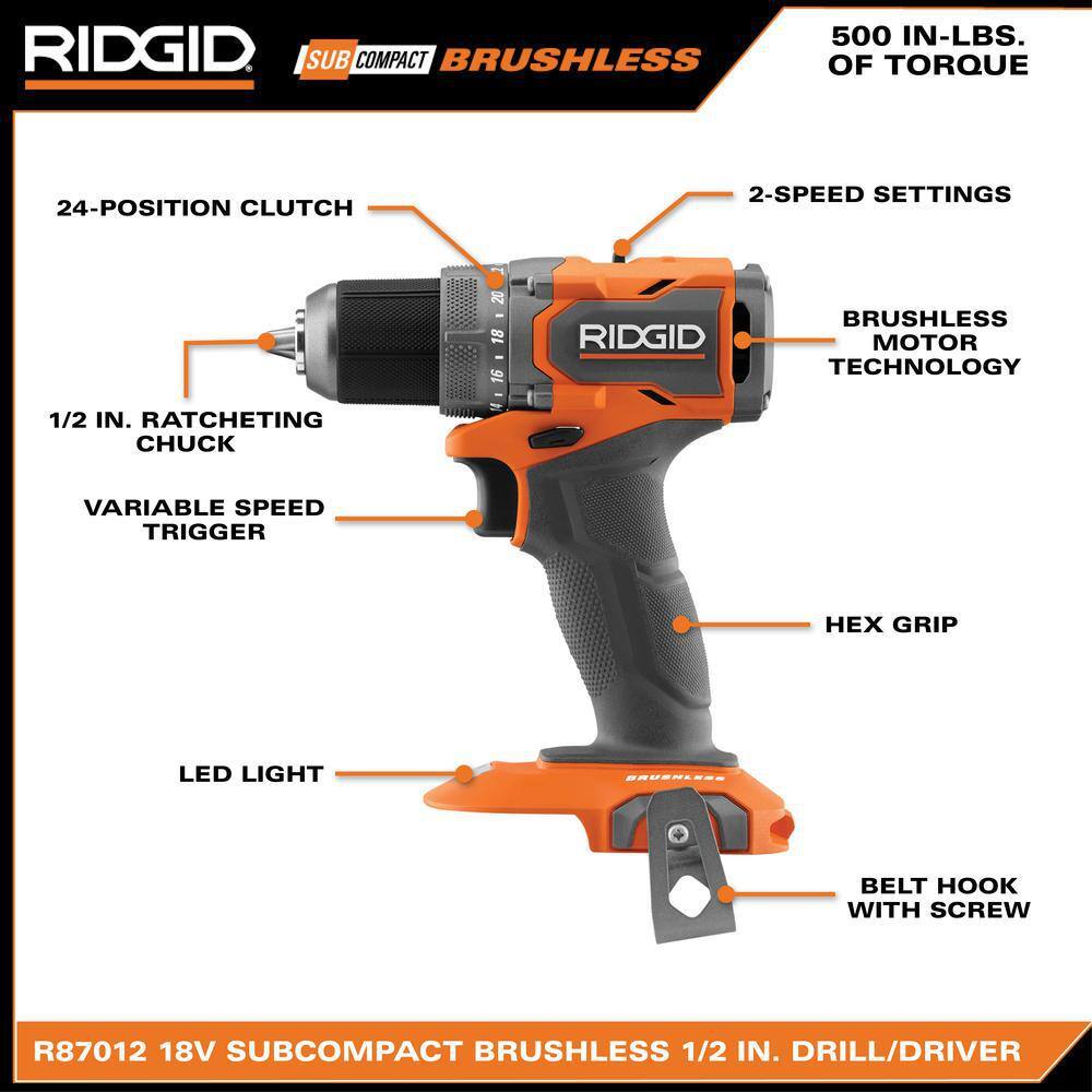 RIDGID 18V MAX Output Kit with 4.0 Ah MAX Output Battery 2.0 Ah Battery Charger  18V SubCompact Brushless DrillDriver AC8400240SB-R87012B