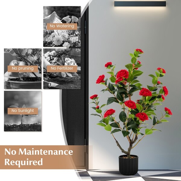 38 Inch Artificial Camellia Tree Faux Flower Plant in Cement Pot